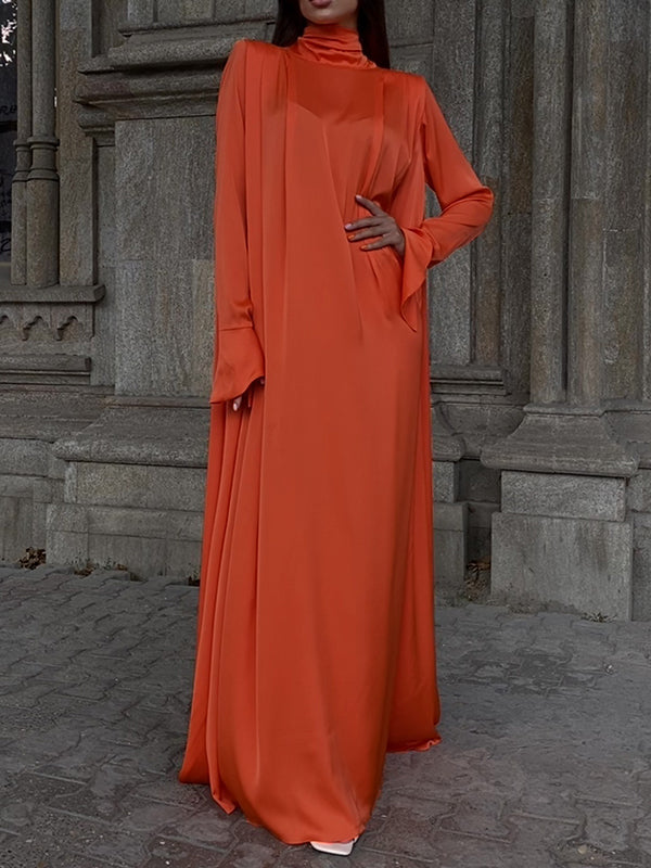 Flared Sleeves Long Sleeves Solid Color High-Neck Maxi Dresses
