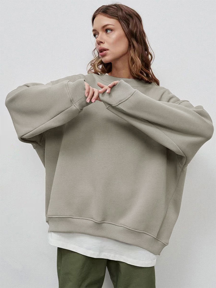 Round neck loose sweatshirt women's autumn winter Street solid color Oversize polar fleece pullover top