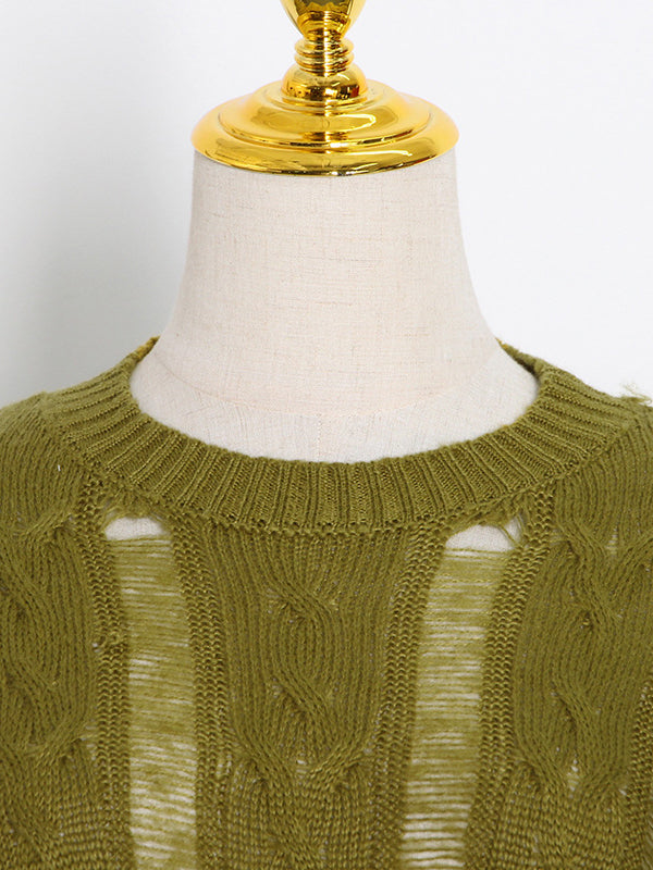 Original Skinny Puff Sleeves Hollow Split-Joint Round-Neck Sweater Tops