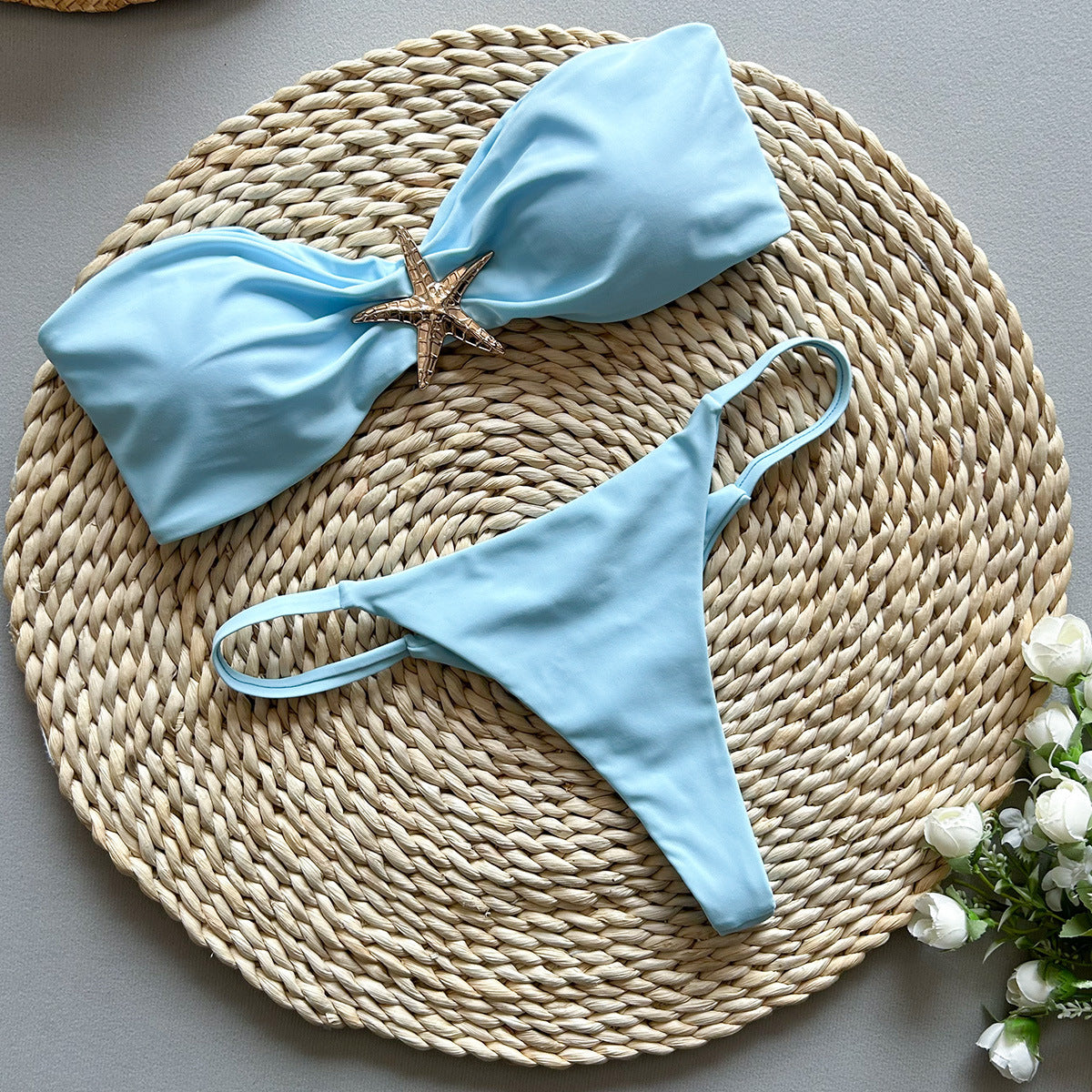 Solid Starfish Lace-Up Strapless Bikini