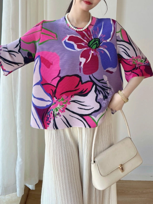 A-Line Half Sleeves Flower Print Pleated Round-Neck T-Shirts Tops