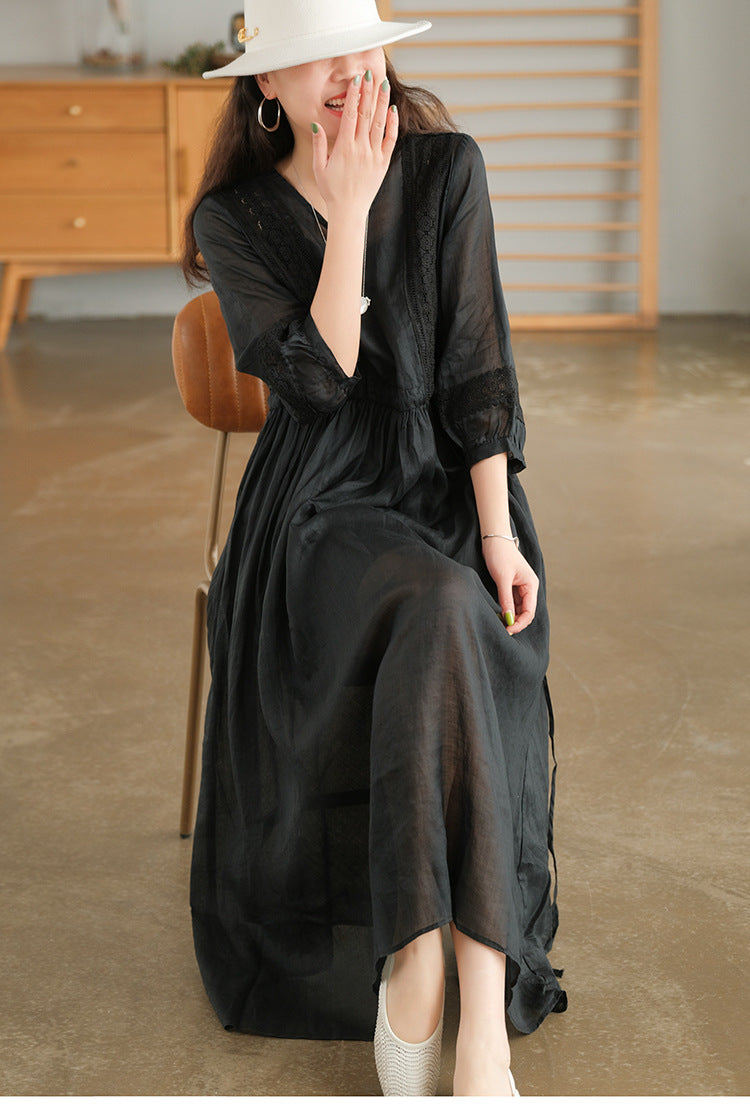 Literary Simple Seven-quarter Sleeve Lace-up Maxi Dress