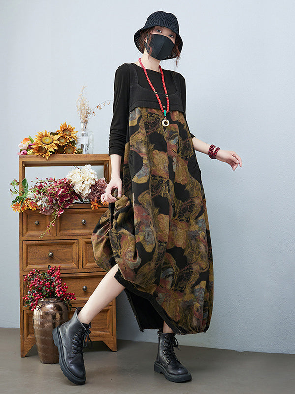 Artistic Retro Vintage Loose Floral Printed Square-Neck Sleeveless Overalls
