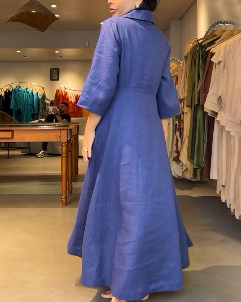 Cotton and linen buttoned three-quarter sleeve dress