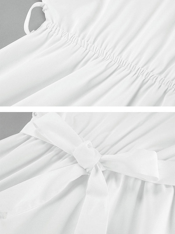 Long Sleeves Loose Pleated Solid Color Split-Joint Tied Waist V-Neck Mini Dresses Shirt Dress