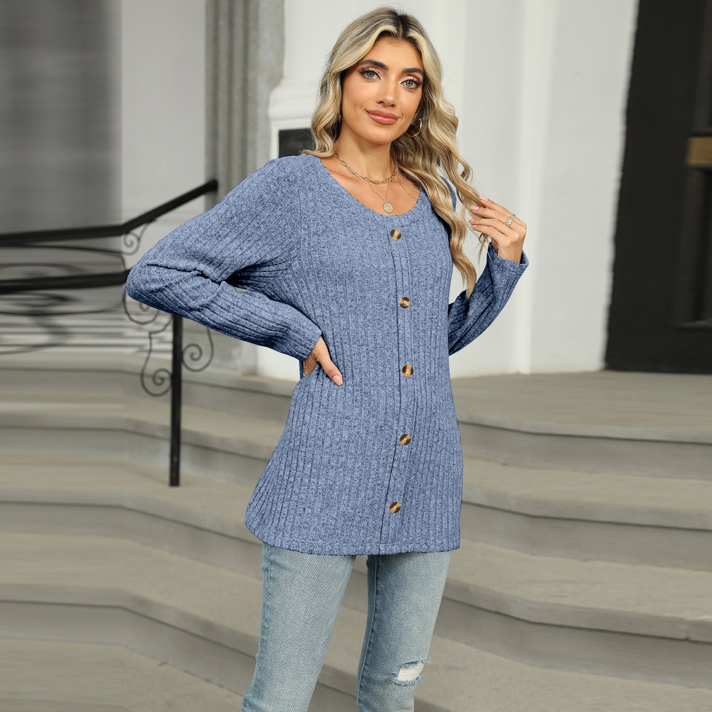 Spring and Autumn single-breasted round neck long-sleeved T-shirt loose top women's pullover sweater