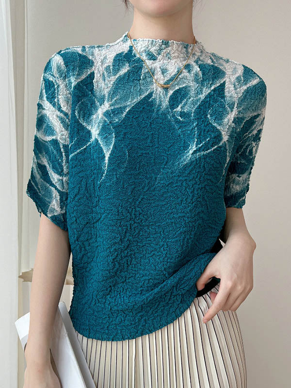 Loose Short Sleeves Contrast Color Pleated Printed Mock Neck T-Shirts Tops