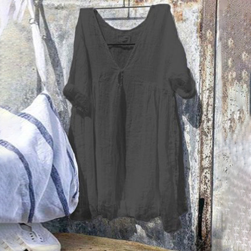 Solid Color Cotton Linen Comfy Casual Midi Dress