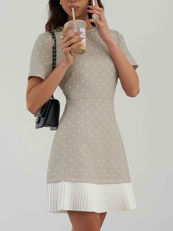 A-Line High Waisted Pleated Polka-Dot Split-Joint Round-Neck Mini Dresses