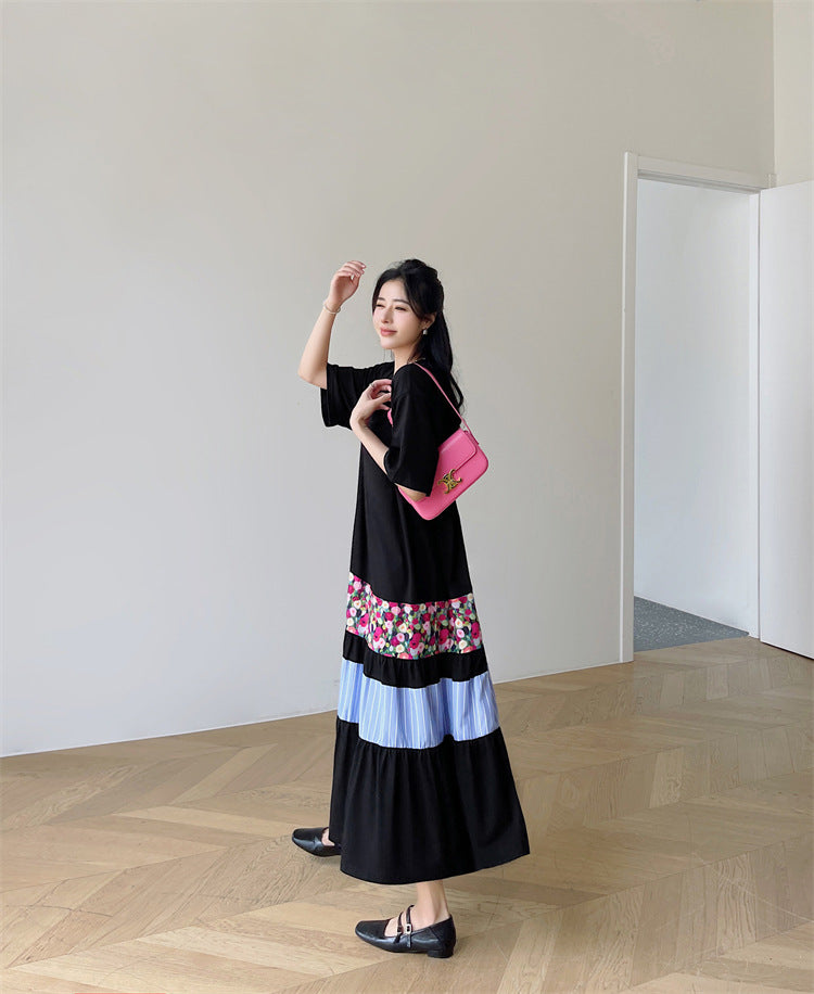 Literary Colorblocking Short Sleeve Midi Dress