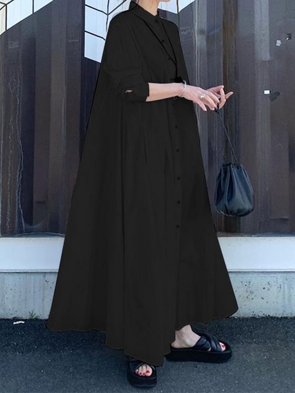 Solid Color Loose Long Sleeves Lapel Maxi Shirt Dresses
