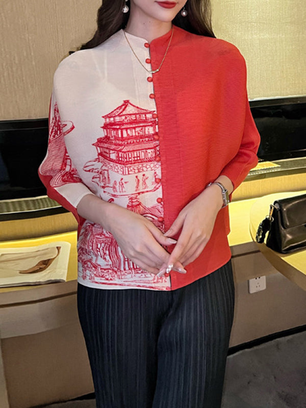 Batwing Sleeves Loose Buttoned Contrast Color Pleated Printed V-Neck T-Shirts Tops
