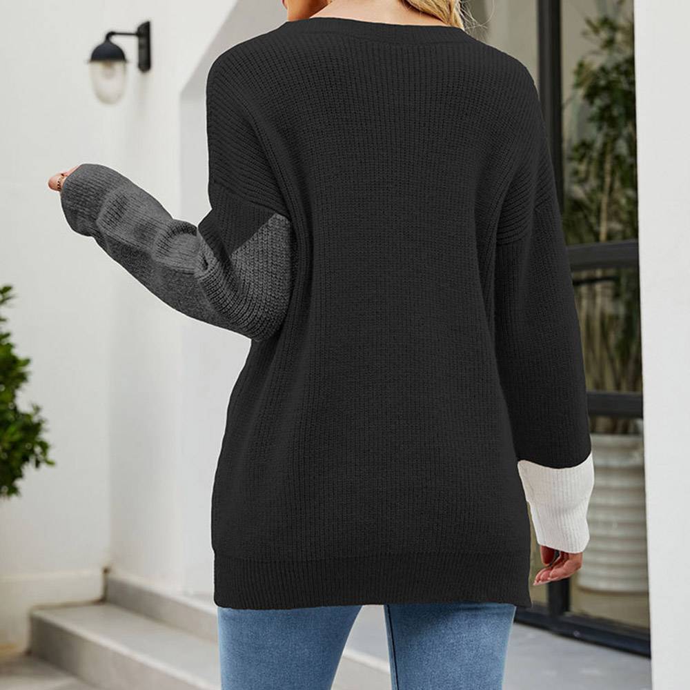 Thick Patchwork Round Neck Women's Sweater