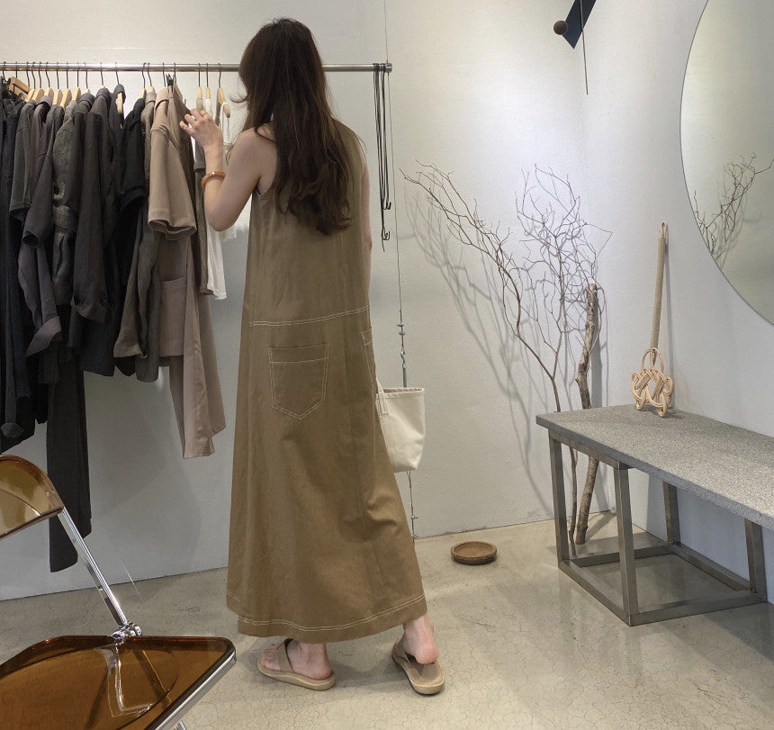 Loose Solid Color Sleeveless Cotton And Linen Dress