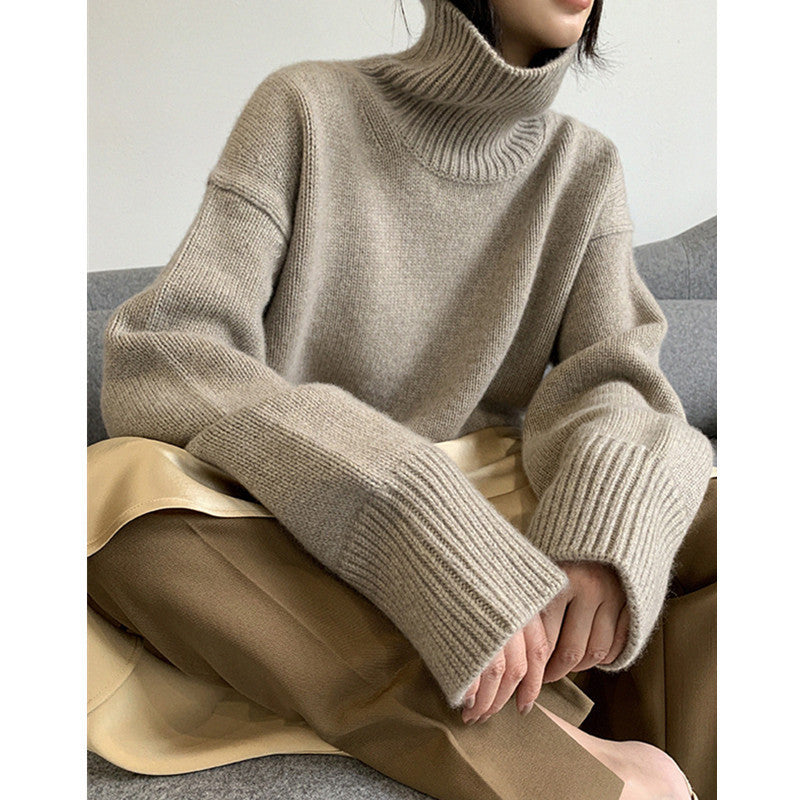 Loose Solid Color Turtleneck Wool Knit Sweater