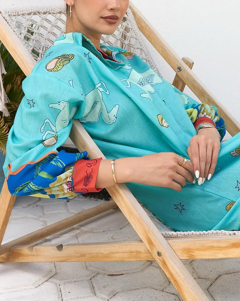 Holiday Loose Long Sleeve Printed Shirt Dress