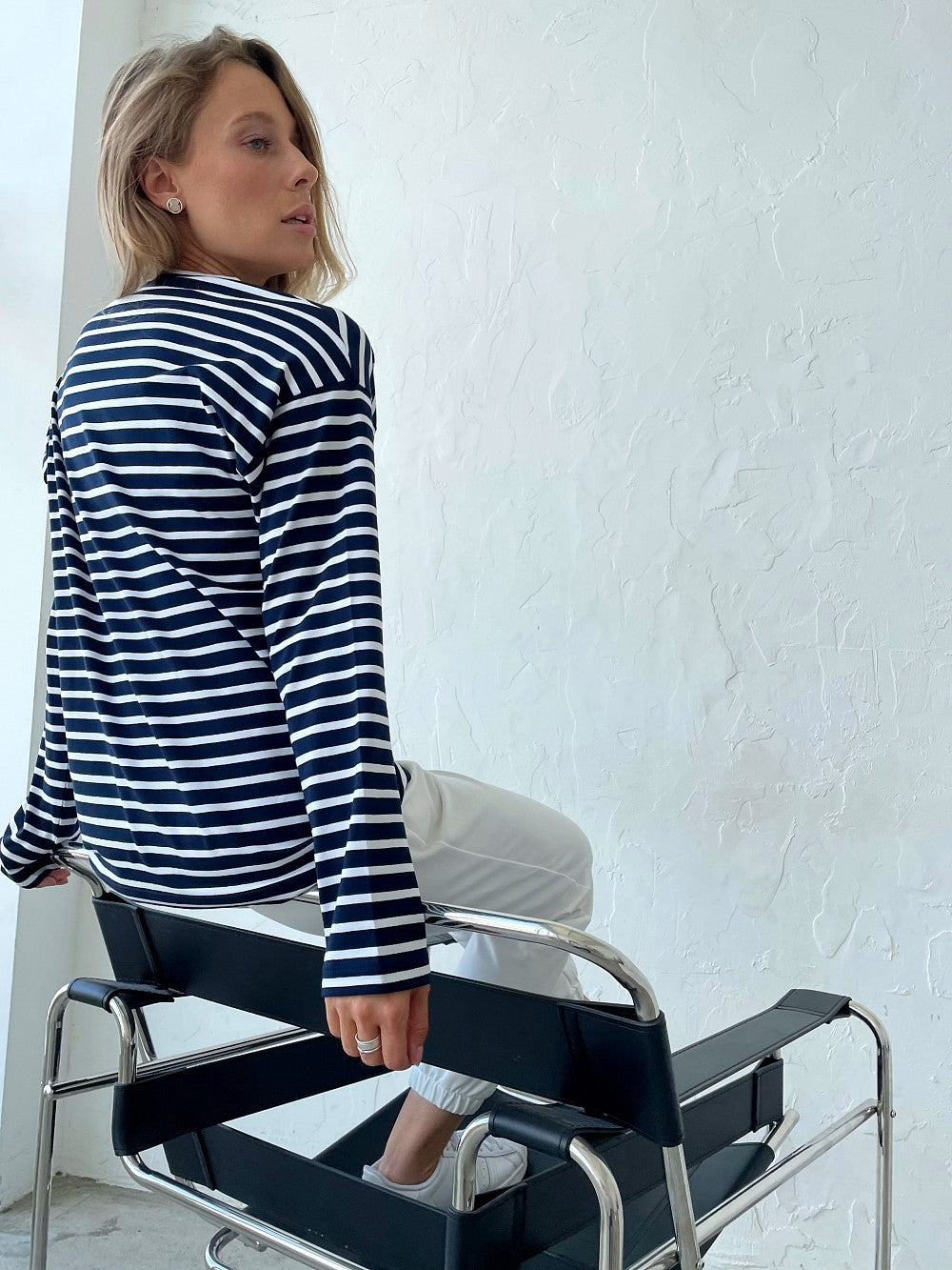 Long-sleeved striped T-shirt casual round neck cotton striped loose top