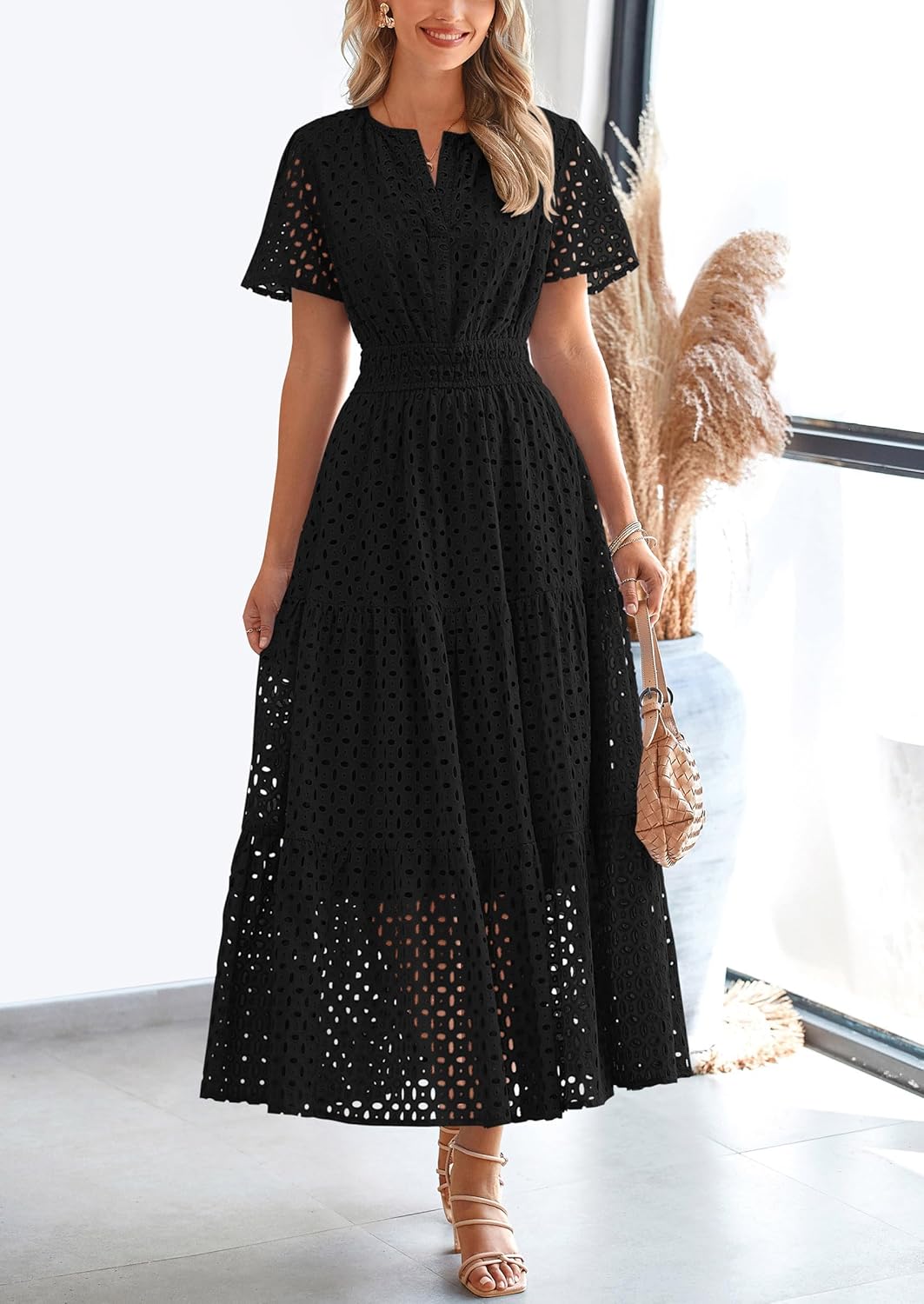 Women‘s Short Sleeve V Neck Eyelet A-Line Maxi Dress (Buy 2 Free Shipping)