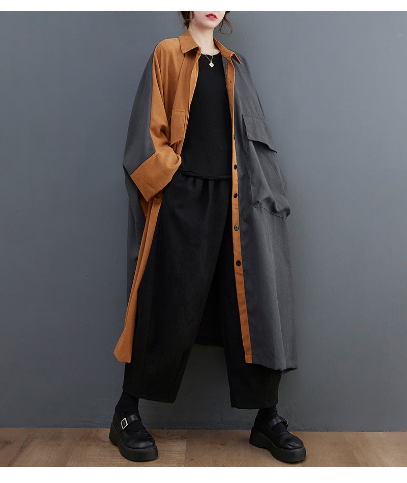 Literary Color Block Lapel Mid Dress