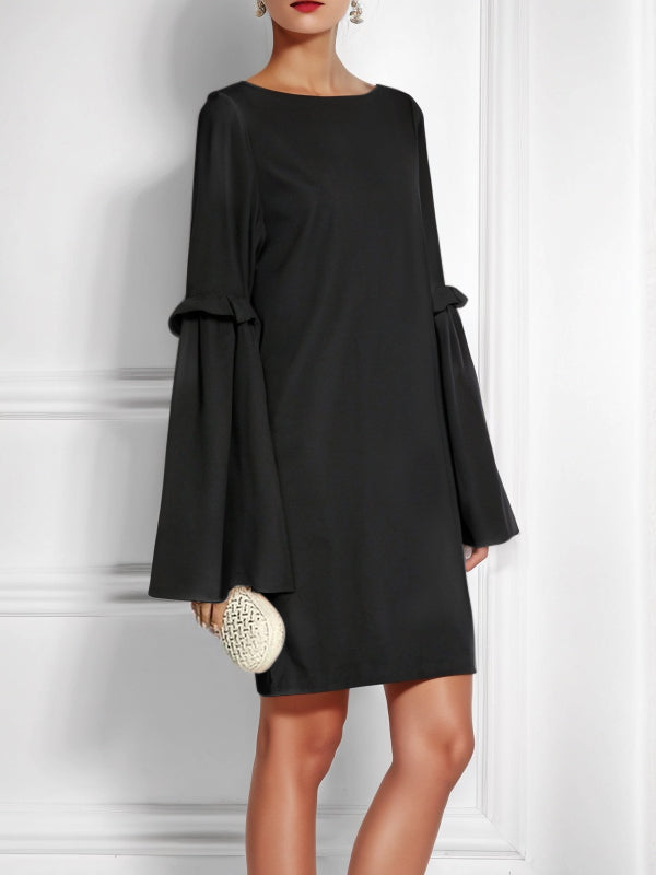 Flared Sleeves Long Sleeves Pleated Solid Color Split-Joint Round-Neck Mini Dresses