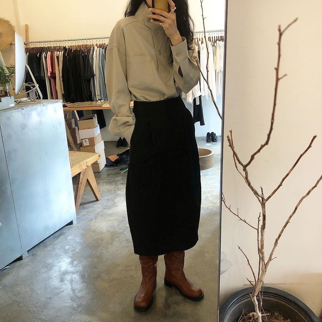 Niche Design Solid Color Stand Collar Long Sleeve Shirt