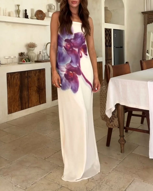 Holiday Flower Print Strapless Dress