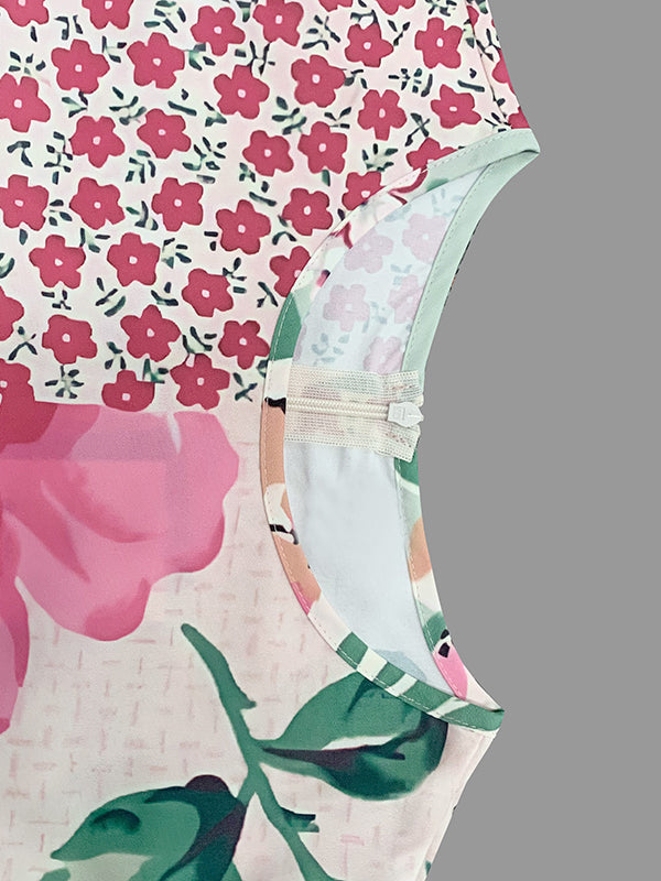 Half Sleeves Loose Flower Print Polka-Dot Round-Neck Midi Dresses