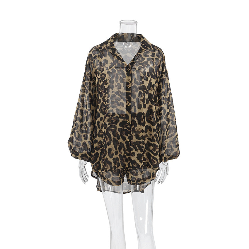 Fashion Leopard Print Long Sleeve Shirt & Shorts Two-Piece Set