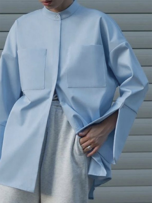 Long Sleeves Loose Buttoned Pockets Solid Color Stand Collar Blouses&Shirts Tops