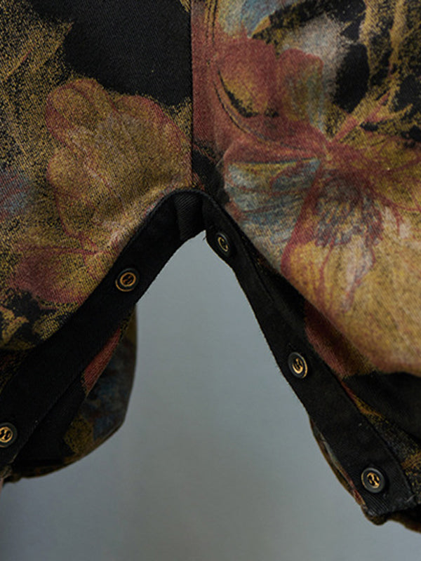 Artistic Retro Vintage Loose Floral Printed Square-Neck Sleeveless Overalls