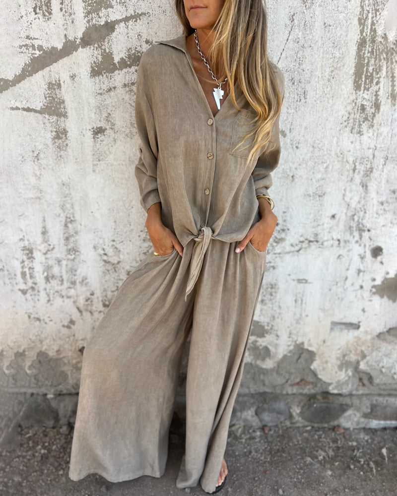 Casual Solid Shirt & Wide Leg Two-Piece Set