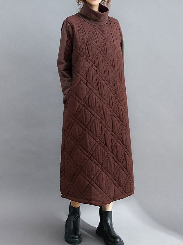 Simple Split-Joint High-Neck H-Line Quilted Midi Dress
