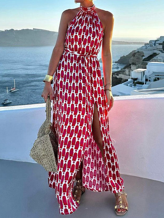 A-Line Loose Pleated Split-Side Tied Waist Halter-Neck Maxi Dresses