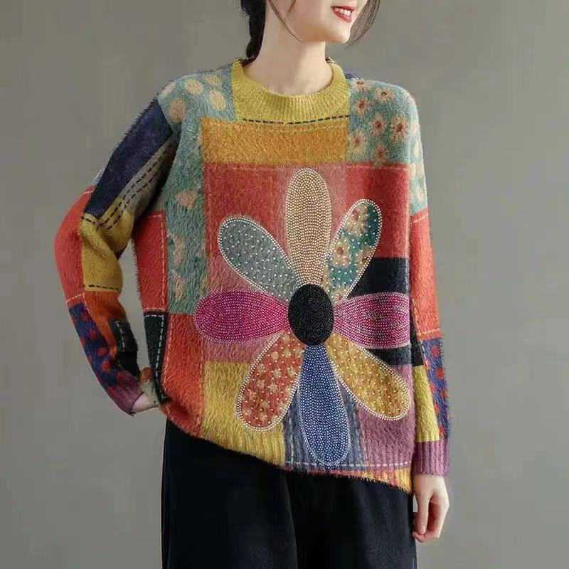 Colorful Flower Knit Round Neck Sweater