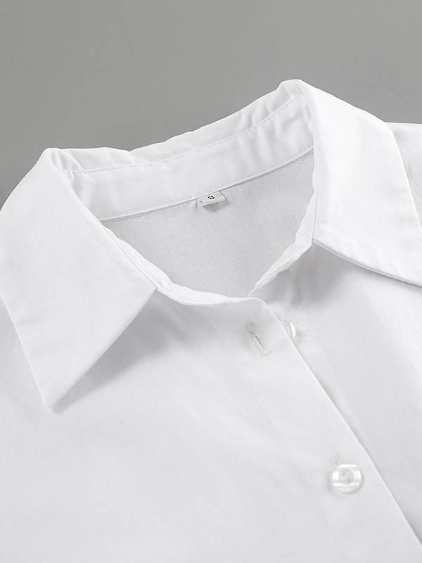 High Waisted Long Sleeves Buttoned Pleated Solid Color Lapel Mini Dresses Shirt Dress