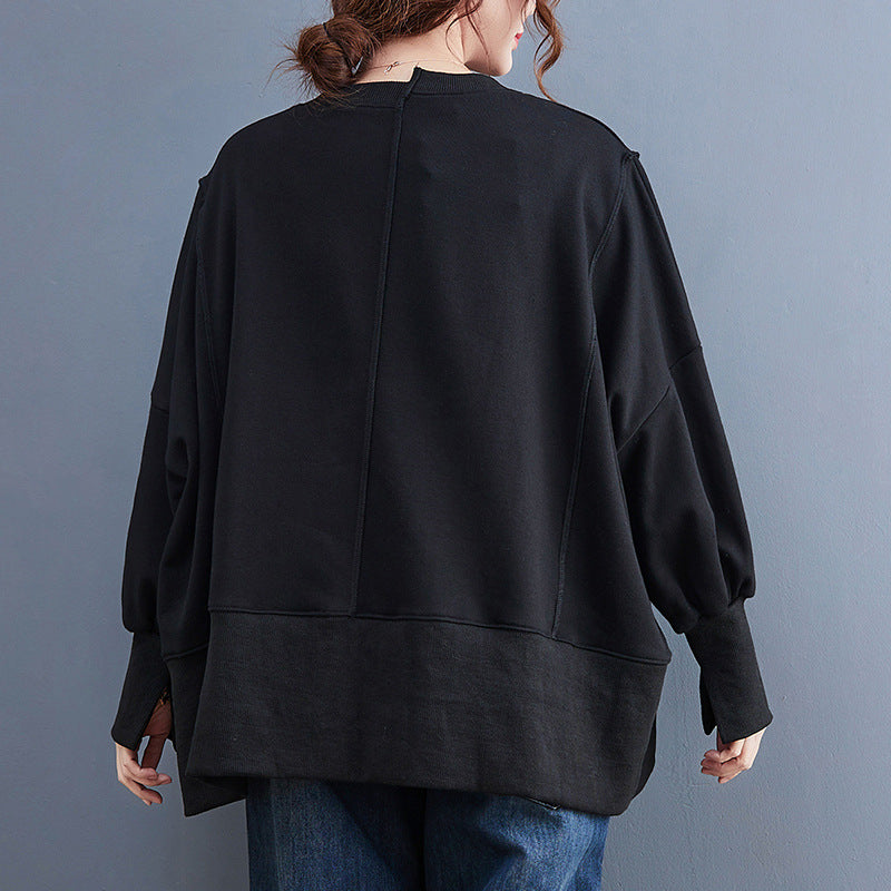 Asymmetric Solid Color Round Neck Long Sleeve Sweater