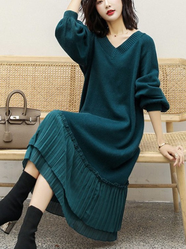 Loose Splicing V-Neck Long Sleeve Sweater Dress