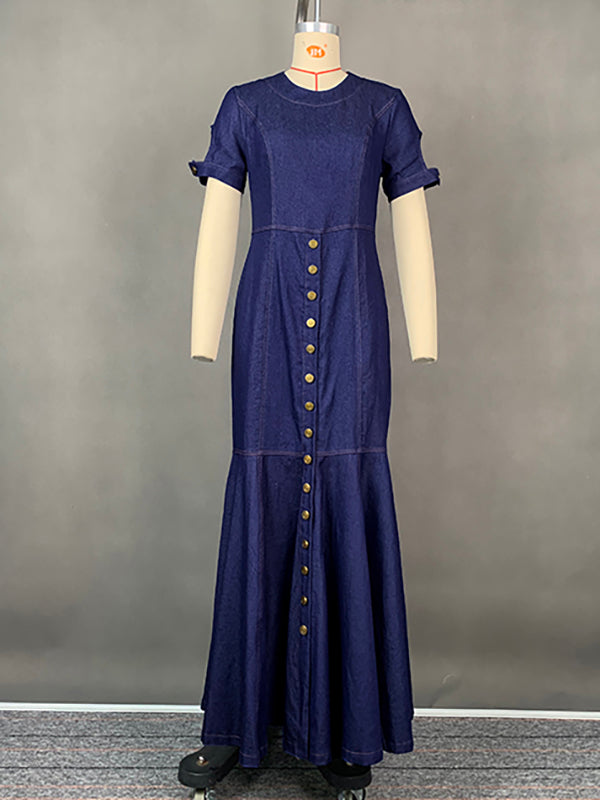 Bodycon Mermaid Buttoned Hollow Split-Joint Round-Neck Maxi Dresses