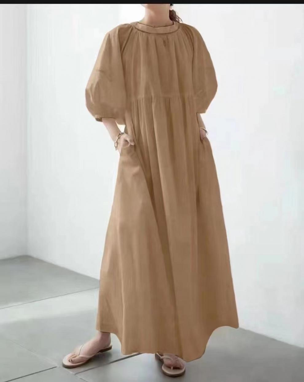 Loose Solid Color Lantern Sleeve Maxi Dress