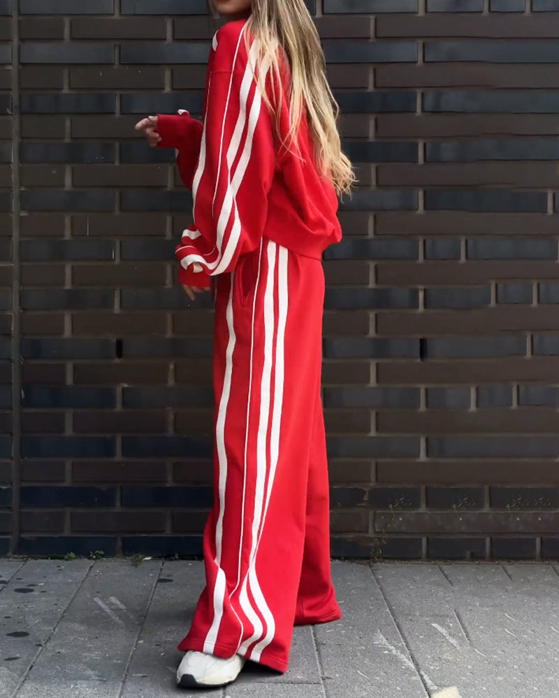 Casual V-Neck Striped Sweat & Wide Leg Pants Two-Piece Set