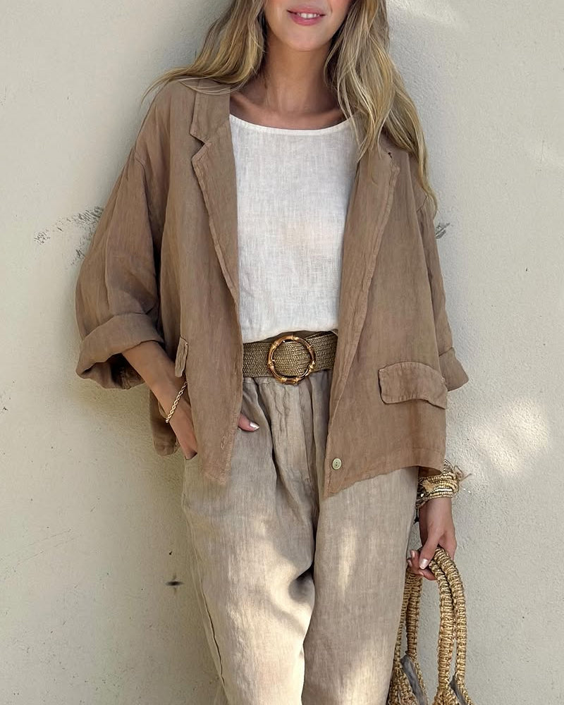 Casual Solid Lap Collar Shirt & Pants Two-Piece Set (Without Belt)