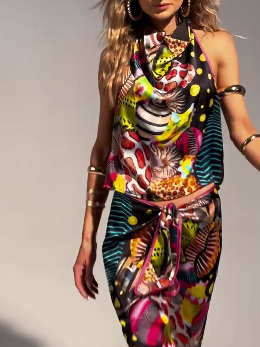 Abstract printed backless slim fit two-piece set