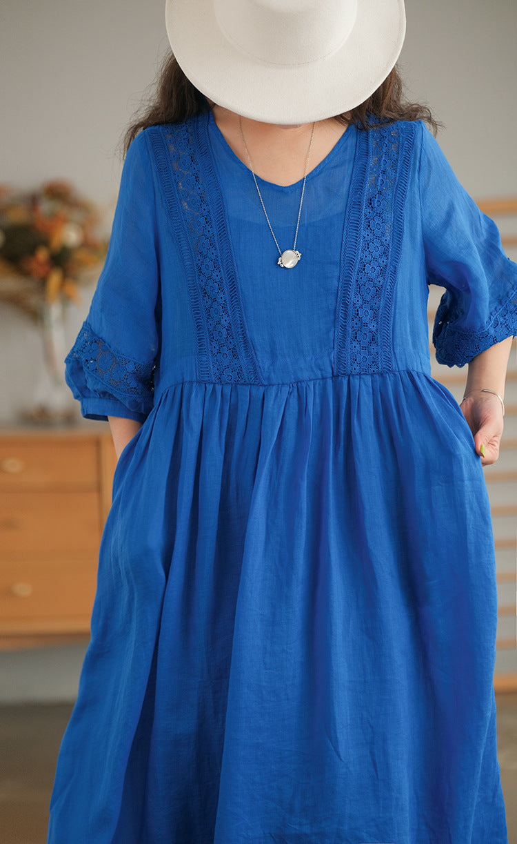 Literary Simple Seven-quarter Sleeve Lace-up Maxi Dress