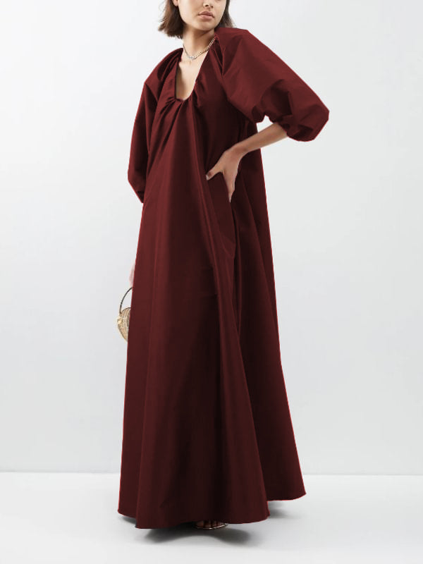 V-Neck Solid Color Puffy Sleeves Loose Maxi Dress