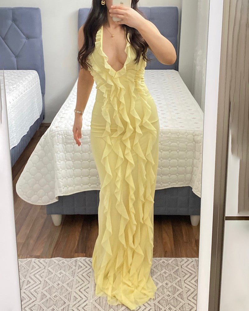 Elegant V-neck Ruffle Dress