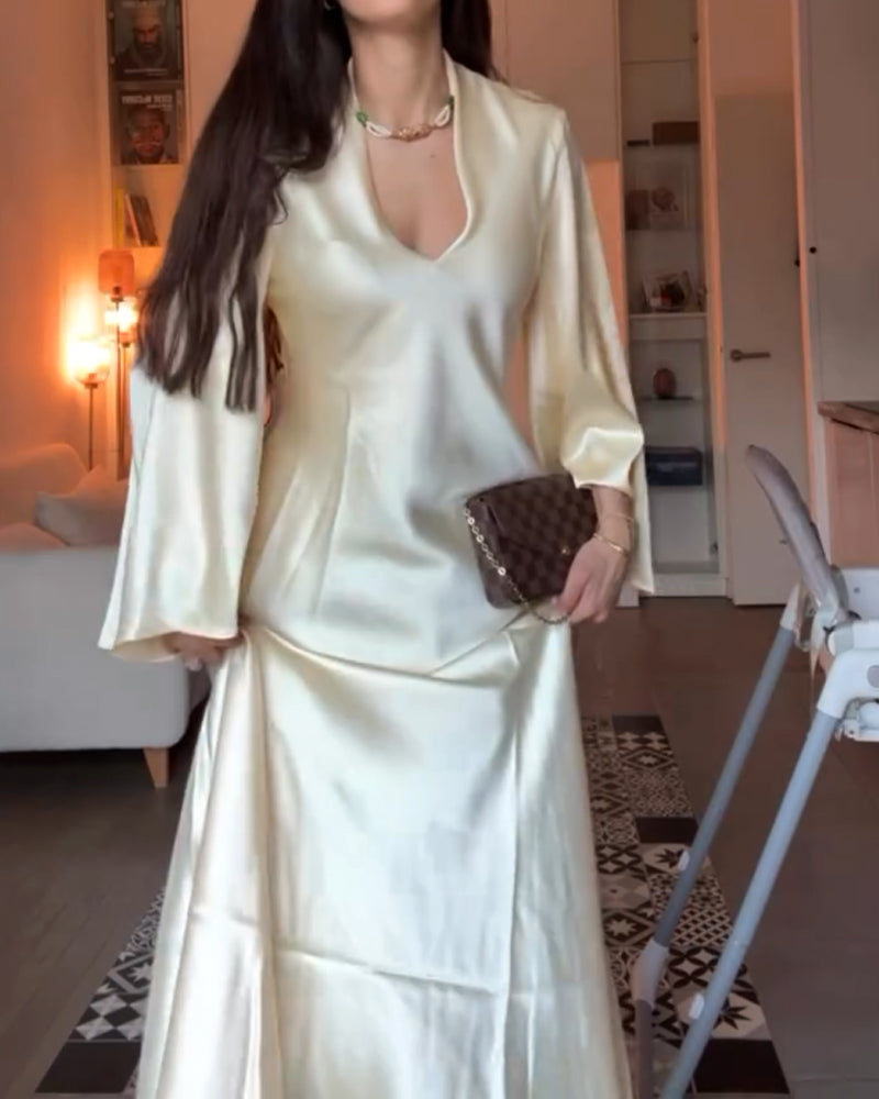 Elegant Solid Color V-Neck Horn Sleeve Dress