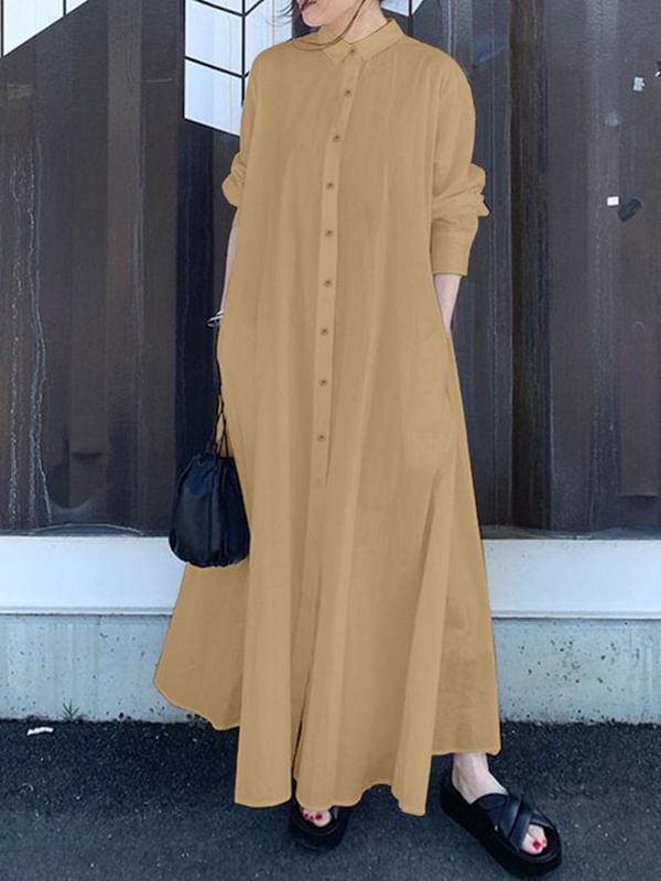 Solid Color Loose Long Sleeves Lapel Maxi Shirt Dresses