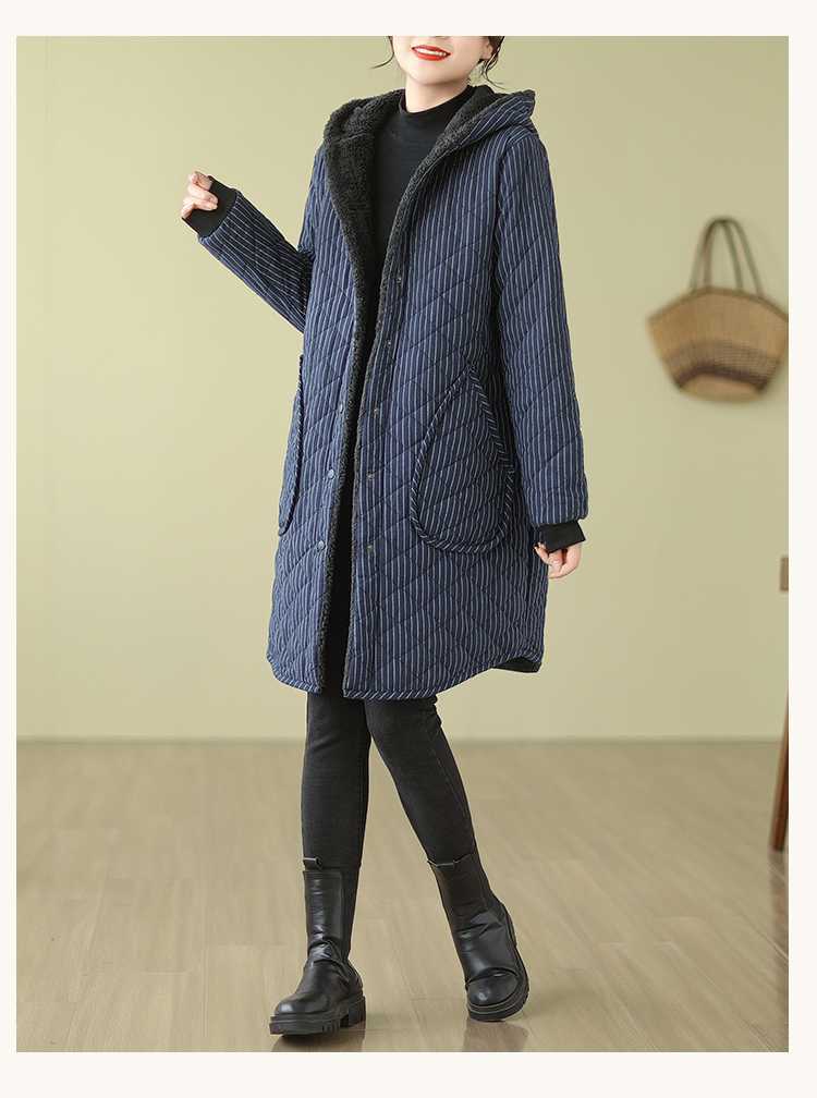 Vintage Warm Thickened Striped Hooded Coat