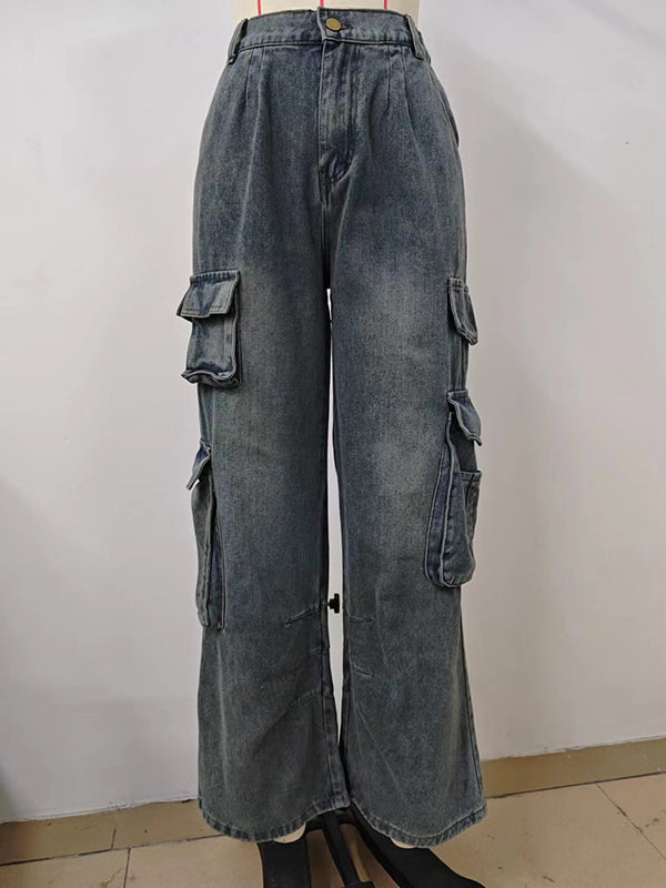Loose Pleated Pockets Split-Joint Jean Pants Bottoms