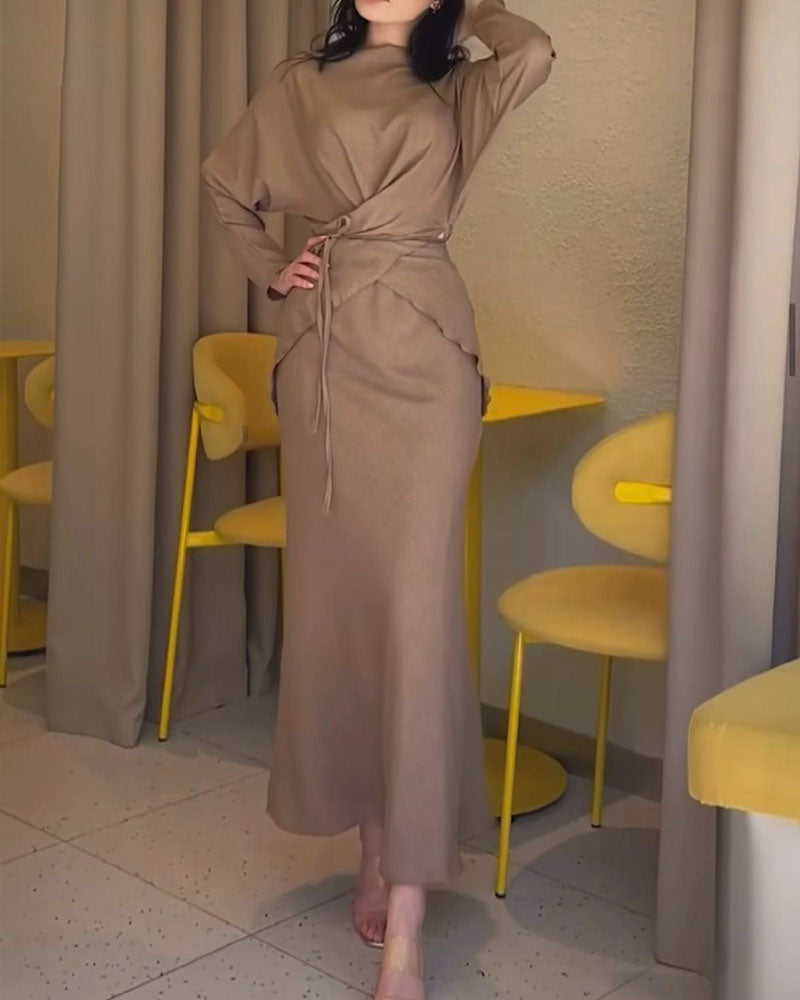 Elegant Long-Sleeve Lace-Up Top & Skirt Two-Piece Set